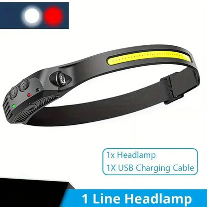 COB LED Headlamp 6000K 350 Lumens | 5 Modes, Motion Sensor, IPX4, 1200mAh Rechargeable | Climbing Running Cycling