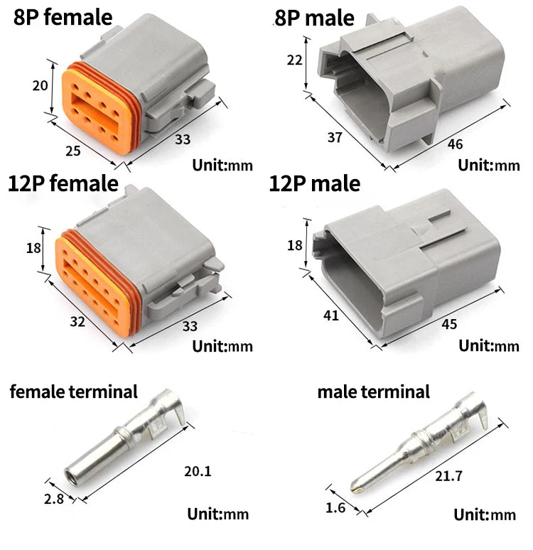 Deutsch DT Waterproof Connector with 15cm Wire DT06-2S DT04-2P 2/3/4/6/8/12 Pin 16-22AWG