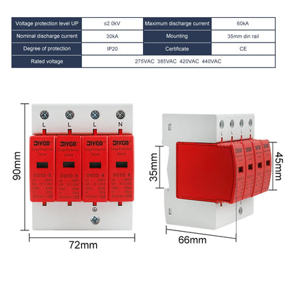 AC SPD 4P House Lightning Surge Protector 10-20KA 20-40KA 30-60KA 385V Solar PV Low-Voltage Arrester 3P+N