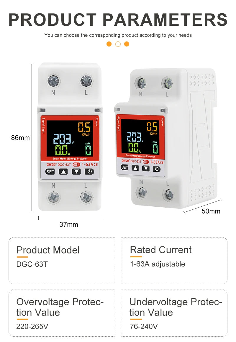 2P WiFi Smart Circuit Breaker DGC-63T, Remote Control 1-63A Adjustable Switch, Timer, Voltage, Current, Temperature, Leakage Protection