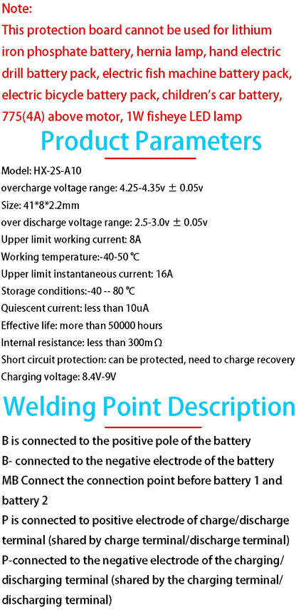 2S 7.4V 18650 Lithium Battery Protection Board with 8A Working Current and 16A Current Limiting
