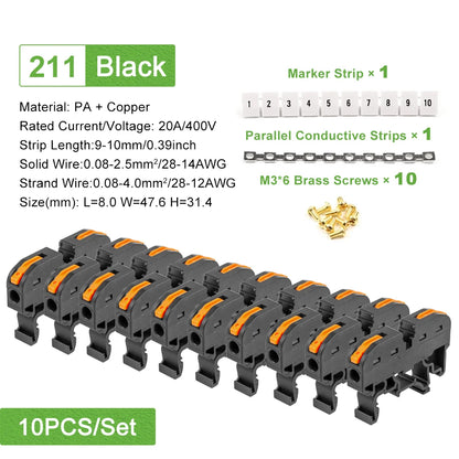 10PCS Din Rail Terminal Block 211 Wire Electrical Conductor Universal Fast Cable Connector with Number Strip Set