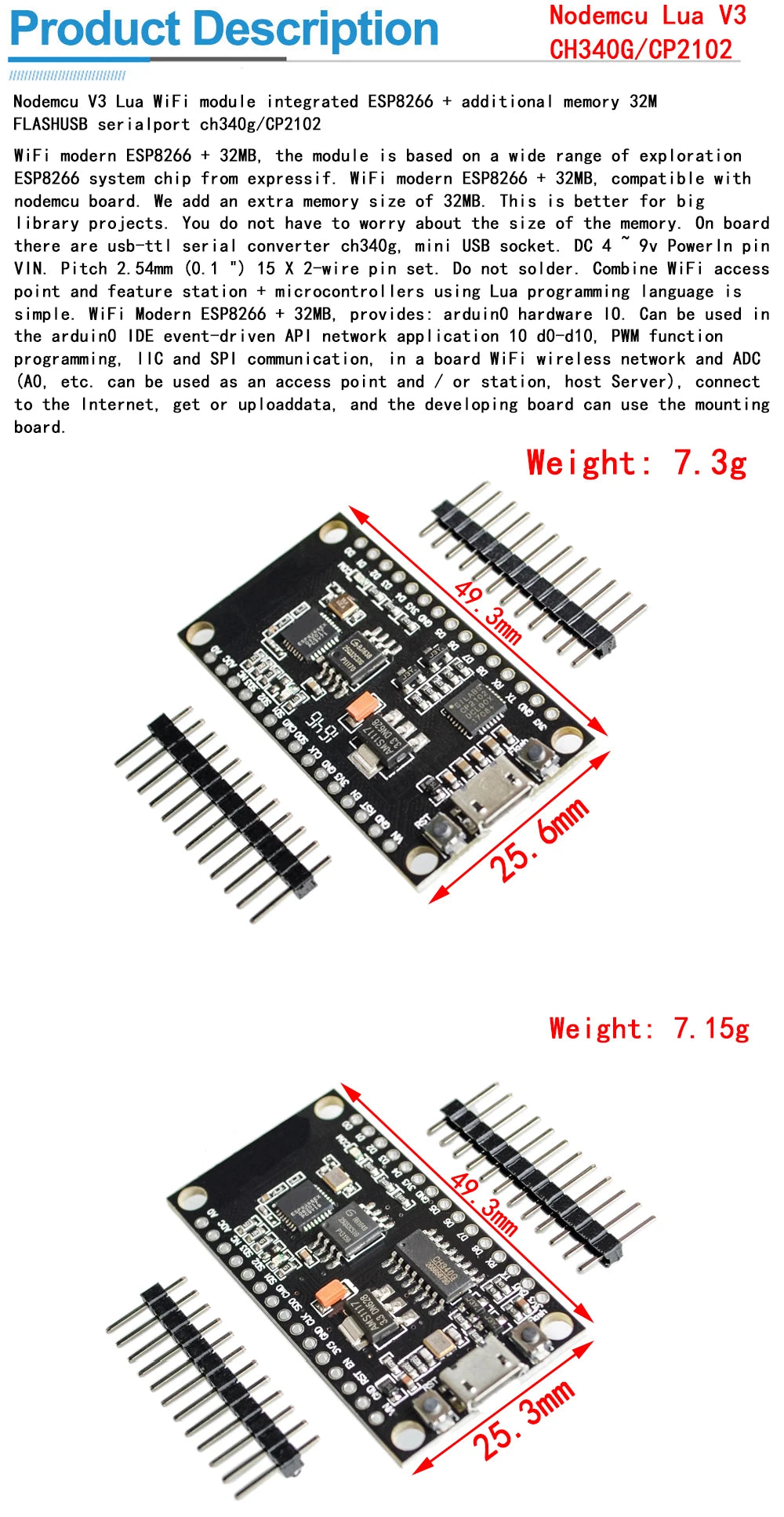 NodeMCU V2/V3 ESP8266 ESP-12E WiFi Development Board with CH340/CP2102/CH9102X