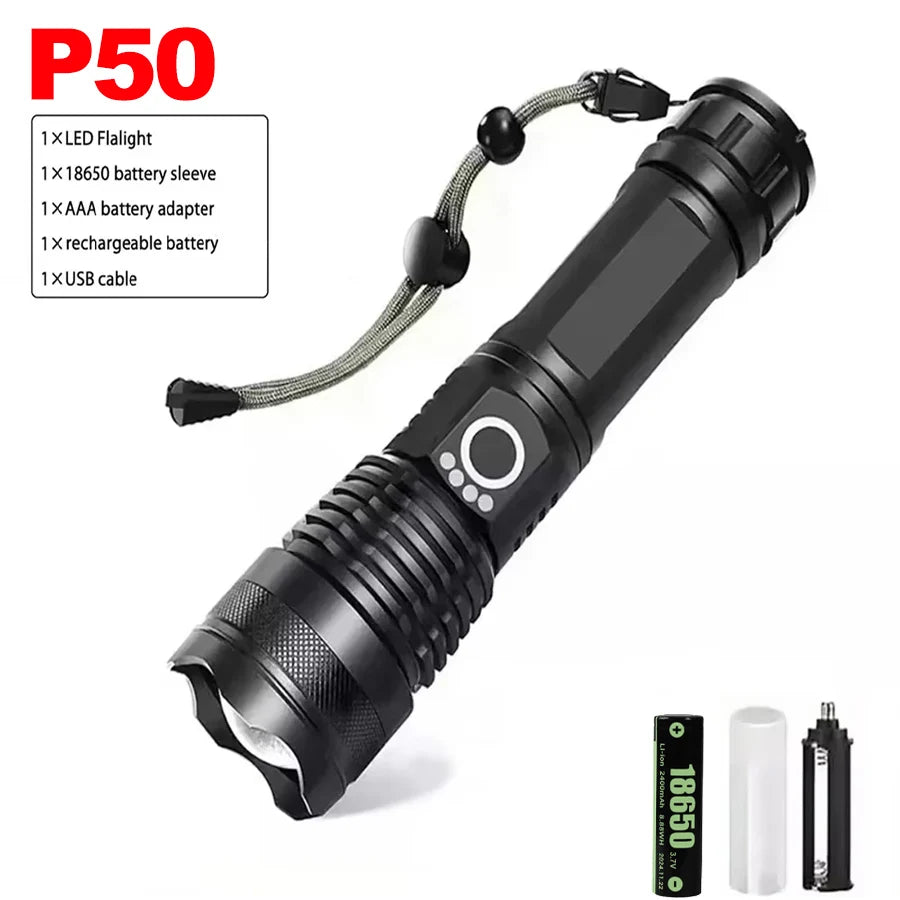 LED+COB Ultra Bright Flashlight Rechargeable 5mode Lamp Aluminum Alloy Zoomable Light Tactical Torch for Outdoor Camping Fishing