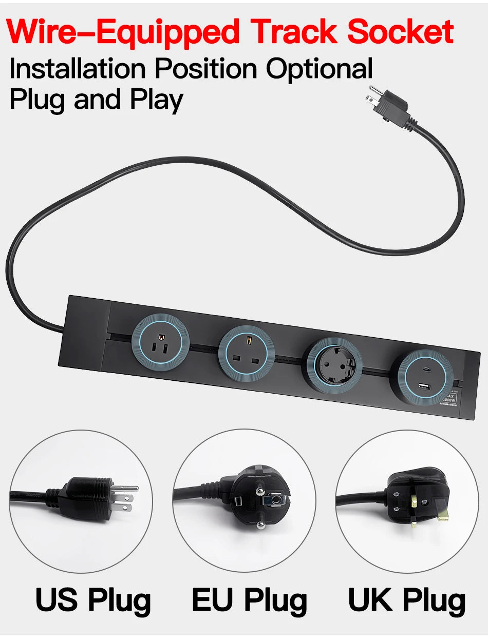 Wall-Mounted Power Track Outlet Rail Modular Sliding Socket Strip with USB-C US EU UK Adapters Grey Black for Office Home