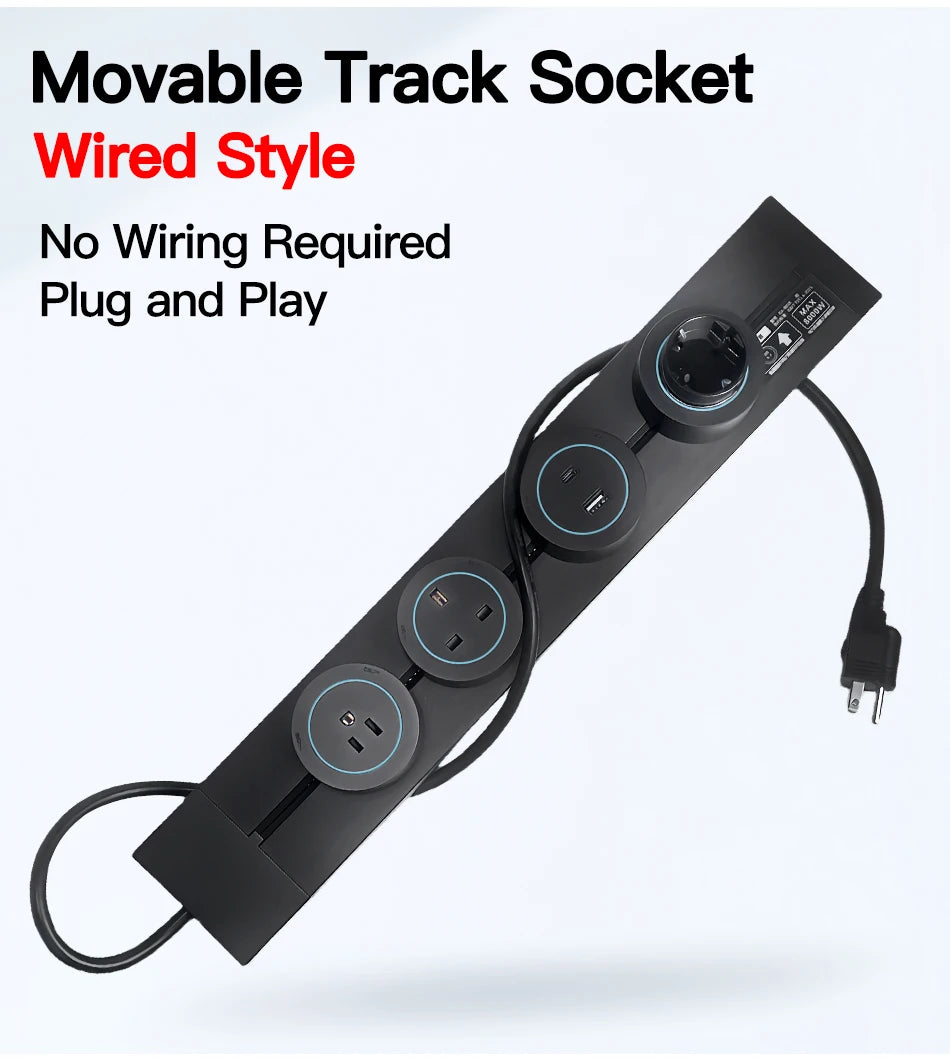 Power Track Socket Rail with USB Type-C Wall Mounted Modular Outlet Strip US/EU/UK Adapters 40-50cm