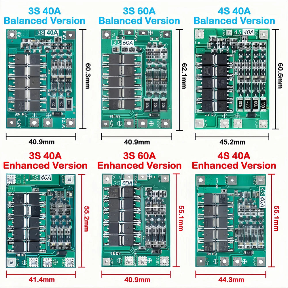3S 4S Lithium Battery BMS Protection Board 40A 60A with Balance and Enhance Functions for Drill Motor 11.1V-16.8V Li-ion Cells