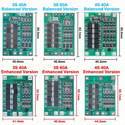 3S 4S Lithium Battery BMS Protection Board 40A 60A with Balance and Enhance Functions for Drill Motor 11.1V-16.8V Li-ion Cells