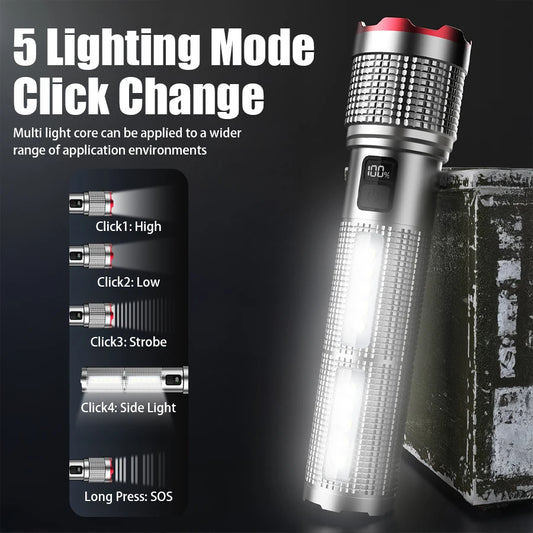 Rechargeable LED Flashlight Powerful Torch with Side Light Power Bank Zoom Emergency Lamp Outdoor Strong Light Camping Lantern