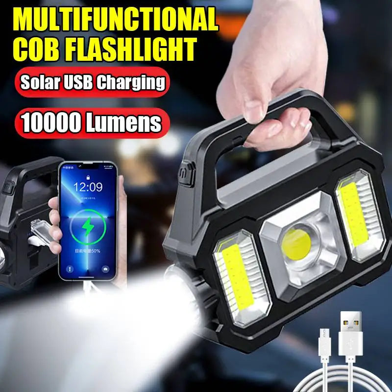 Multifunctional COB Searchlight LED Strong Light Flashlight Solar Charging Waterproof Outdoor Emergency Lighting Work Light