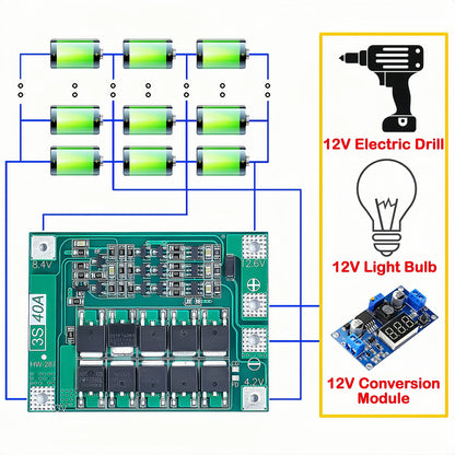 3S 4S Lithium Battery BMS Protection Board 40A 60A with Balance and Enhance Functions for Drill Motor 11.1V-16.8V Li-ion Cells