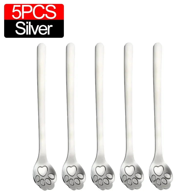 5/1PCS Creative Cute Cat Claw 304 Stainless Steel Spoon for Ice Cream Coffee Tea Dessert Spoon Kitchen Tableware Accessories