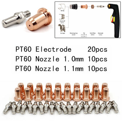 Plasma Tips Kit 1.0mm / 1.1mm Electrode for PT60 PT40 IPT-40 Plasma Torch, 1.0mm Nozzle 52582 51313P1.0 WSP-061001