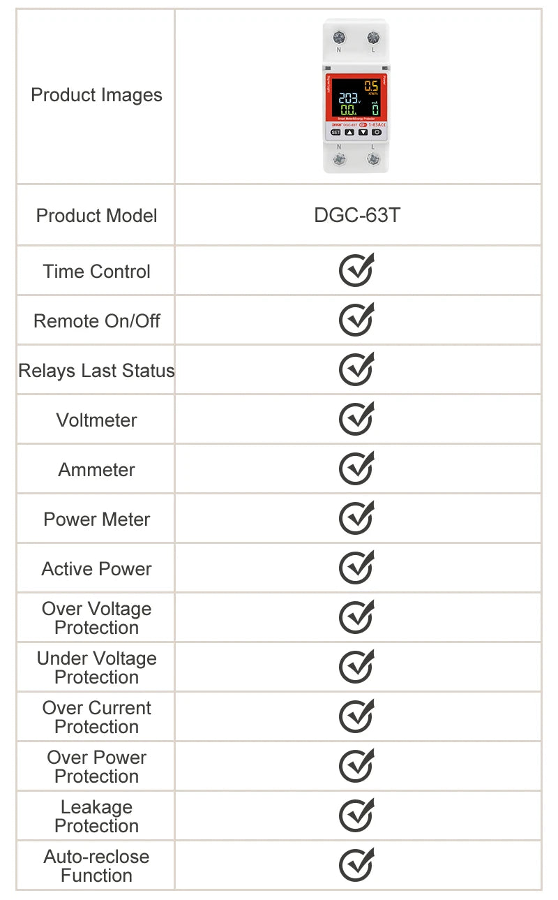2P WiFi Smart Circuit Breaker DGC-63T, Remote Control 1-63A Adjustable Switch, Timer, Voltage, Current, Temperature, Leakage Protection