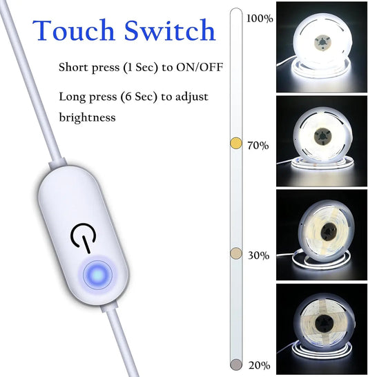 USB 5V LED Strip Light COB Touch Dimmer Control Lamp High Density RA90 Flexible Tape Lights 320Leds/m For Home Cabinet Decor