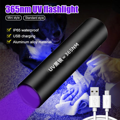 5W 365nm Mini UV Flashlight USB Rechargeable Ultraviolet Torch Pets Urine Cat tinea Money Ore Scorpion Detection Purple Light