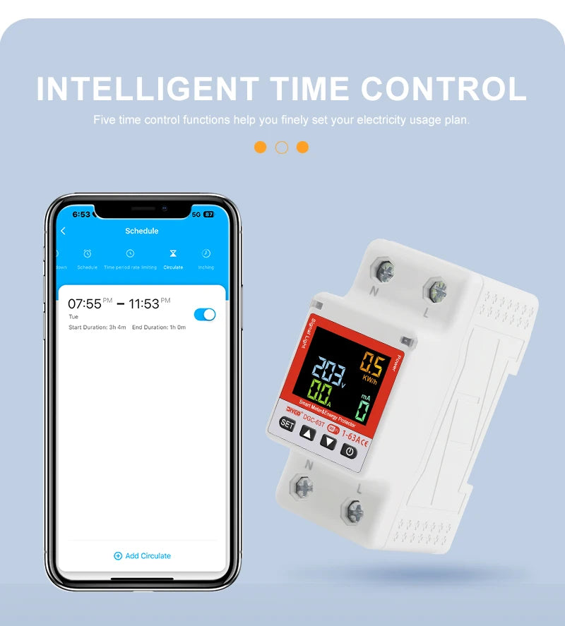 2P WiFi Smart Circuit Breaker DGC-63T, Remote Control 1-63A Adjustable Switch, Timer, Voltage, Current, Temperature, Leakage Protection