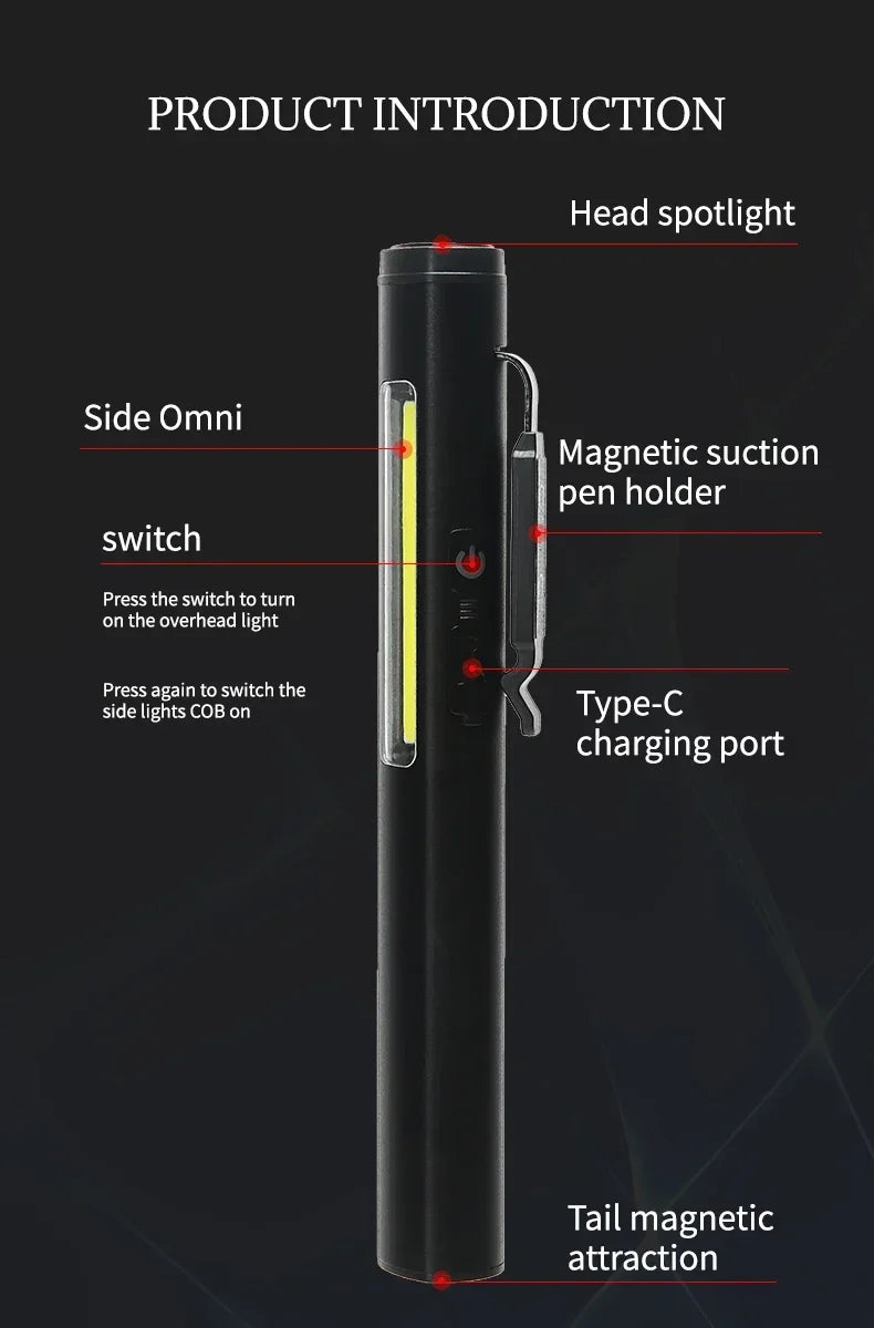 Portable UV LED Pen Light USB Rechargeable Work Lantern with Magnet
