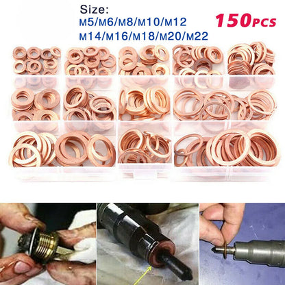 150PCS M5–M22 Copper Crush Washer Gasket Set — Flat Ring Seal Assortment Kit for Oil Pan &amp; Hydraulic Fittings