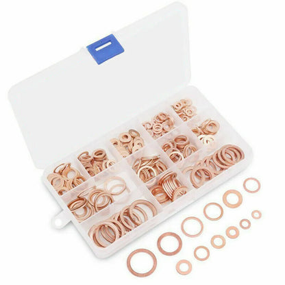 150PCS M5–M22 Copper Crush Washer Gasket Set — Flat Ring Seal Assortment Kit for Oil Pan &amp; Hydraulic Fittings