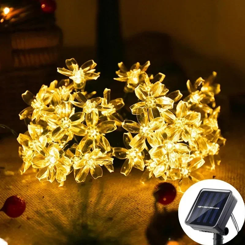 Solar Sakura Fairy String Lights, 5/7/12/22M Peach Blossom Cherry LED Lamp for Wedding, Party, Garden, Christmas Outdoor Decor