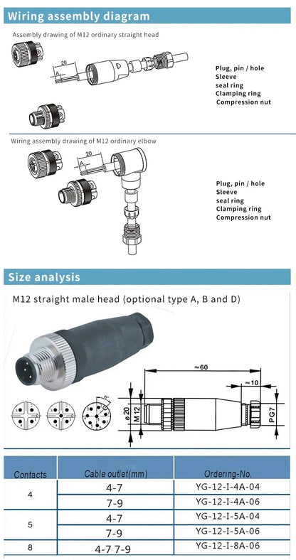 M12 12mm Sensor Connector Straight Angle Male Female Waterproof Screw Threaded Plug Coupling 4 5 8 Pin PG7