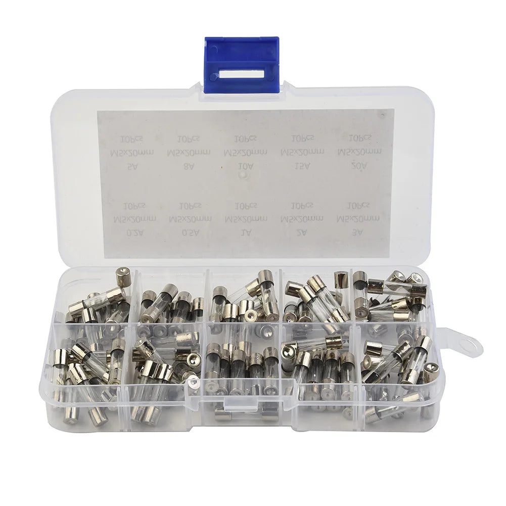 100pcs Insurance Tube Glass Fuses Kit Household 0.2A-20A 100pcs 16*12*2.1cm 250V High Quality Standard Fast Blow