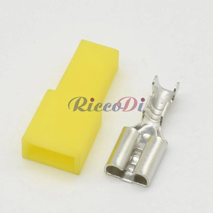 DJ7013B-6.3-21 Automotive Yellow Rectangular Connector — 6.3mm 1-Pin Jacketed Wiring Plug with Terminal