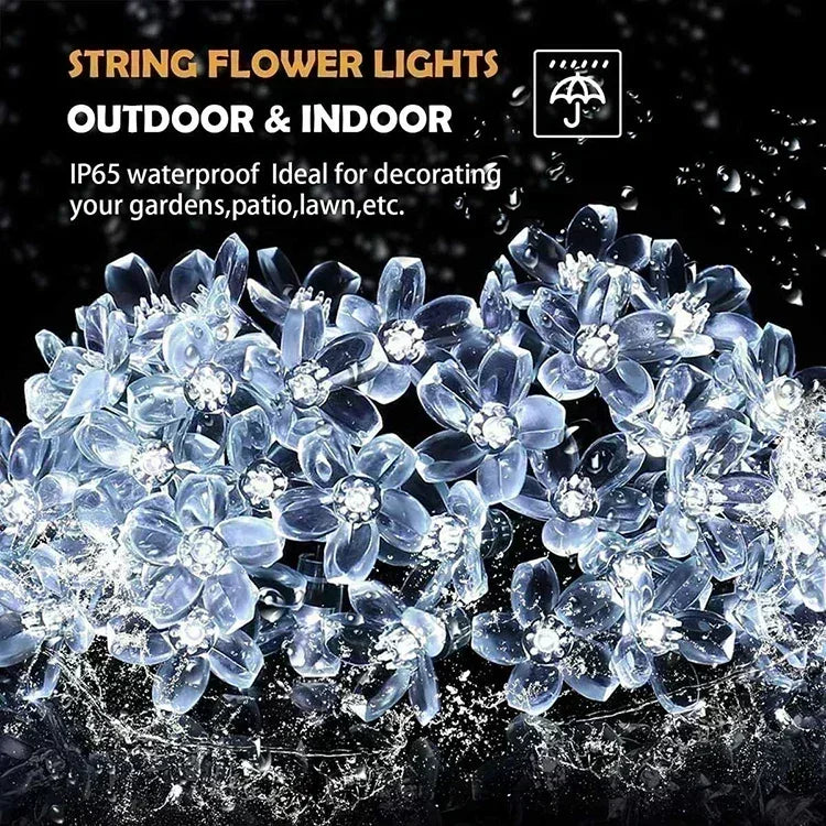Solar Sakura Fairy String Lights, 5/7/12/22M Peach Blossom Cherry LED Lamp for Wedding, Party, Garden, Christmas Outdoor Decor