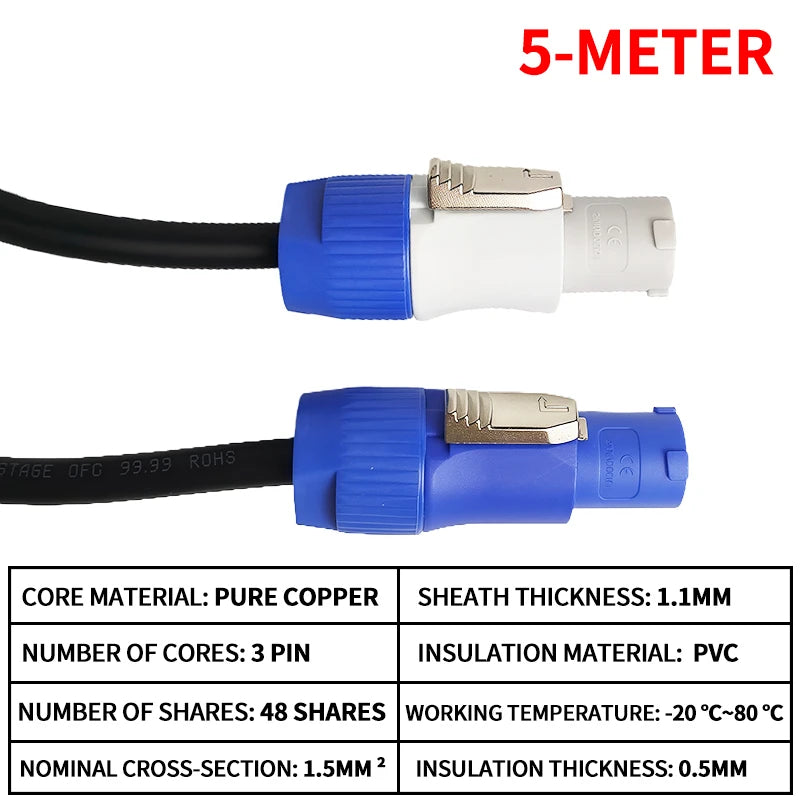 Weatherproof 3 Pin Power Cable 3x1.5mm² for Stage Audio Lighting Equipment Beam Projectors LED Displays
