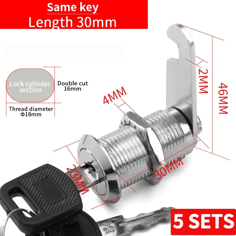 Cabinet Cam Lock Set Two-Sided Keyed Alike 16MM-30MM Cylinder Cam Locks for Mailbox File Drawer Compartment