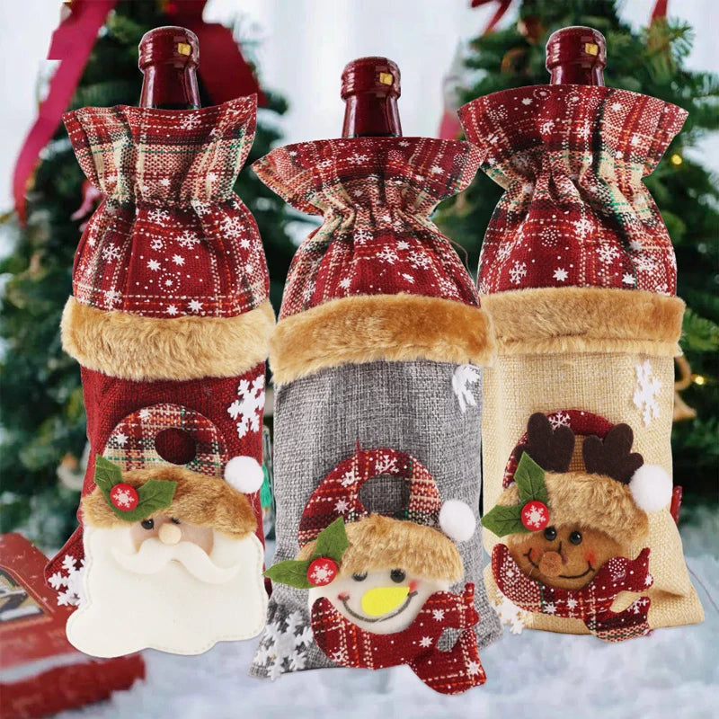 Creative Christmas Wine Bottle Cover Set Velvet Santa & Snowman Decor
