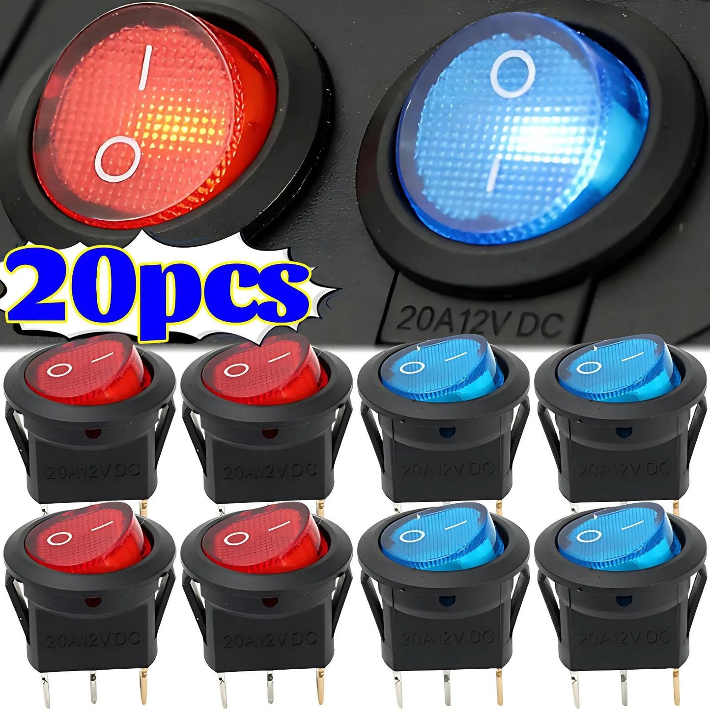 3 Pin Round Rocker Switch LED Light 12V on Off SPST Toggle Button Control for Car Auto Motorcycle Boat Modification Red Blue