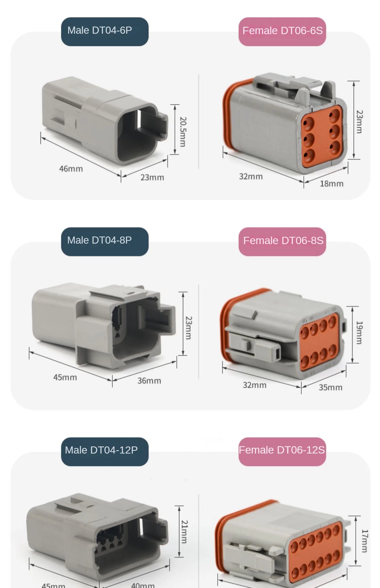 6 Pin Way Deutsch DT04-6P DT06-6S Waterproof Electrical Wire Connector 16-22 AWG DT Series Male Female
