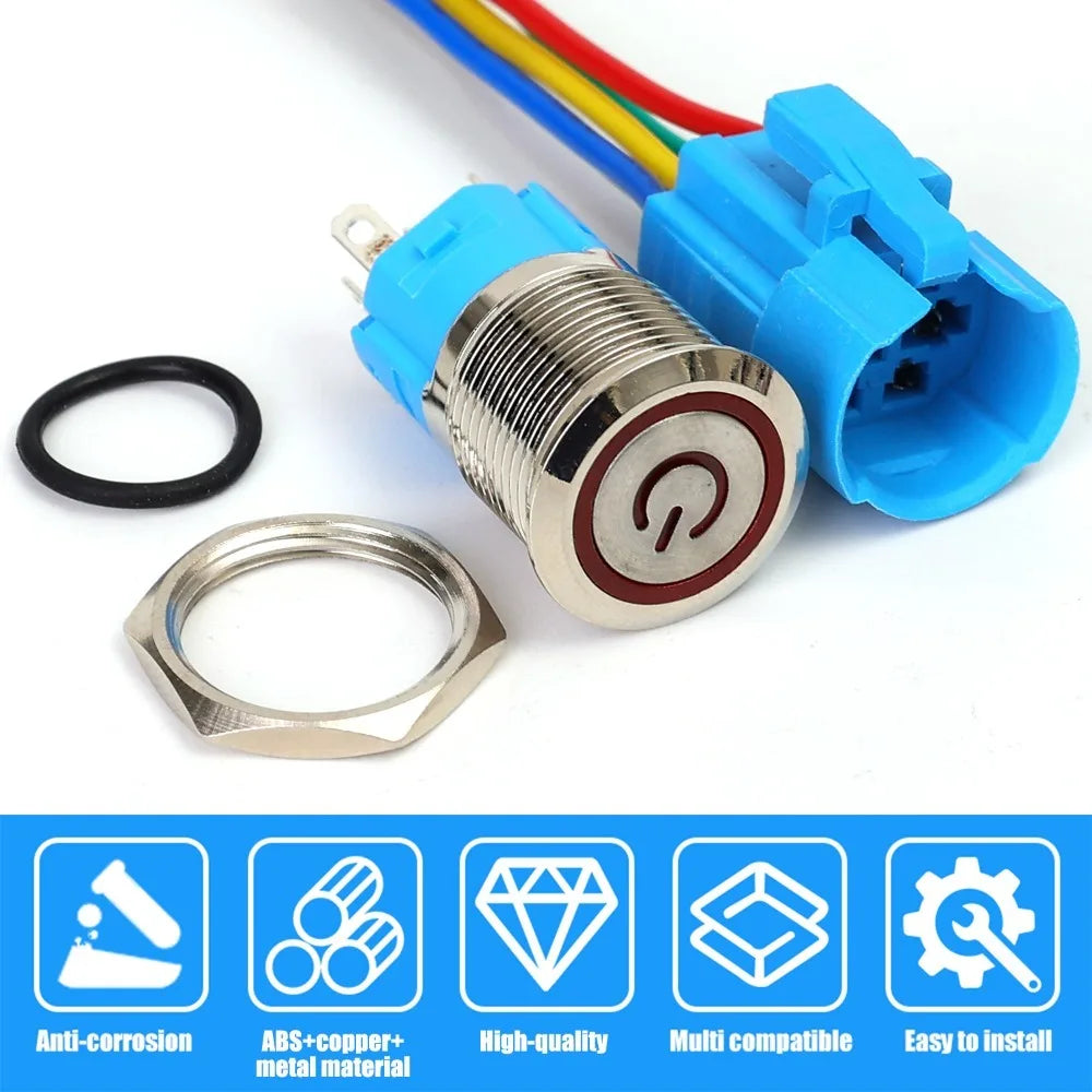 16mm LED Illuminated Latching Push Button Switch – Waterproof Metal 12V 24V
