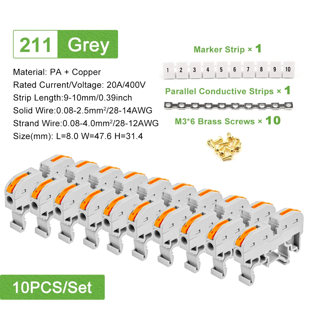 10PCS Din Rail Terminal Block 211 Wire Electrical Conductor Universal Fast Cable Connector with Number Strip Set