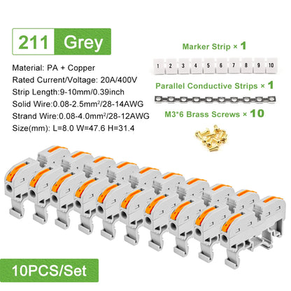 10PCS Din Rail Terminal Block 211 Wire Electrical Conductor Universal Fast Cable Connector with Number Strip Set
