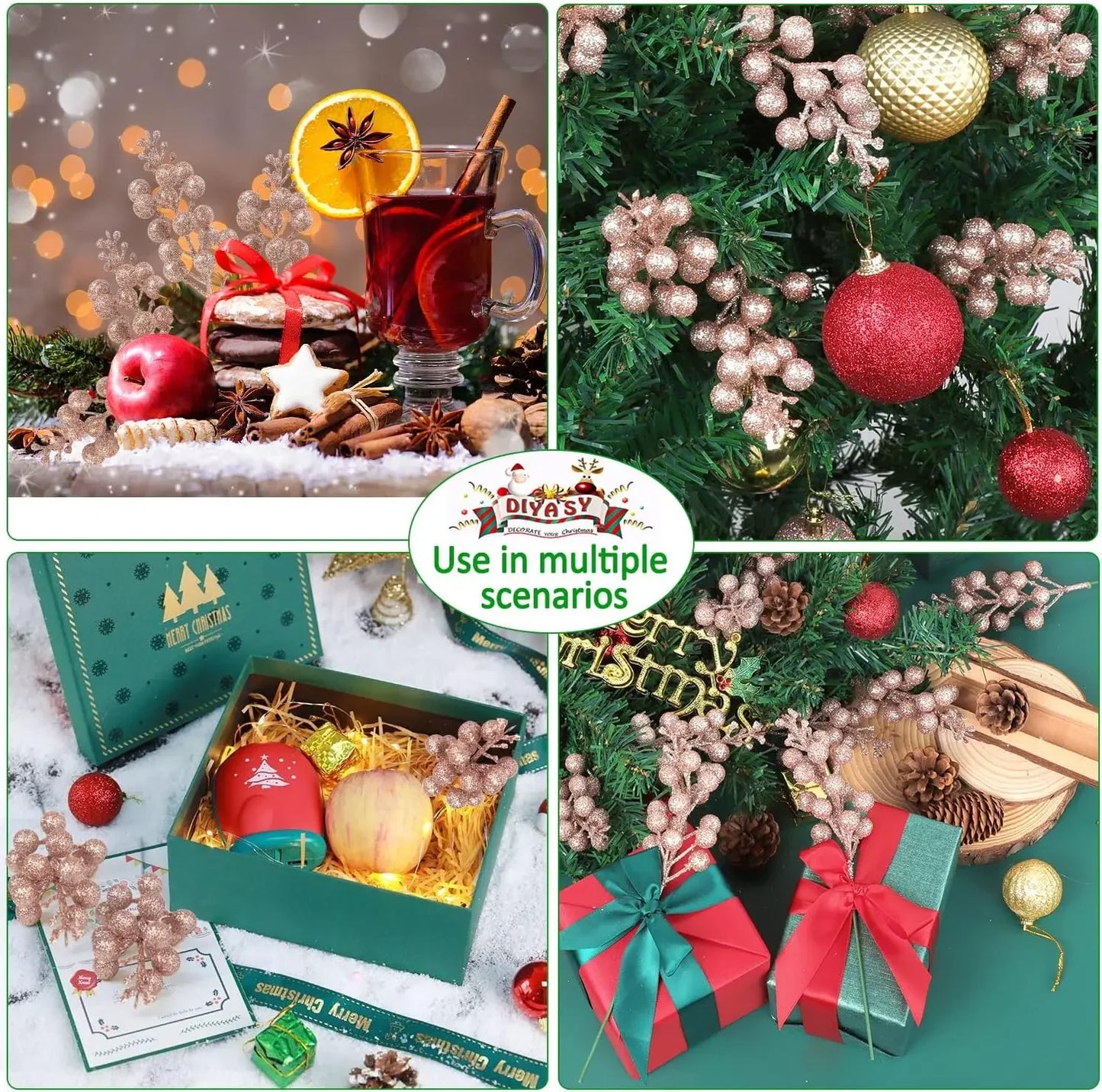 Christmas Artificial Berries Branch Glitter Red Holly Berry Flowers Bouquet Fake Plants New Year Party Festival Home Decoration