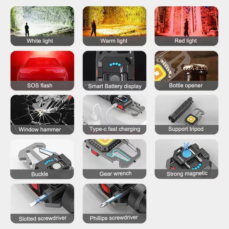 Mini Multifunctional Keychain LED Flashlight USB Rechargeable Portable Flashlight Outdoor Camping Torch Emergency Lantern 500Mah