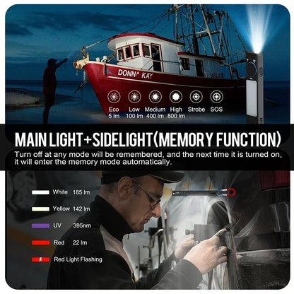 YC8001 Multifunctional Flat LED Flashlight Rechargeable EDC Torch with Tail Magnet Buzzer 365nm UV Light 3-mode Camping Lantern