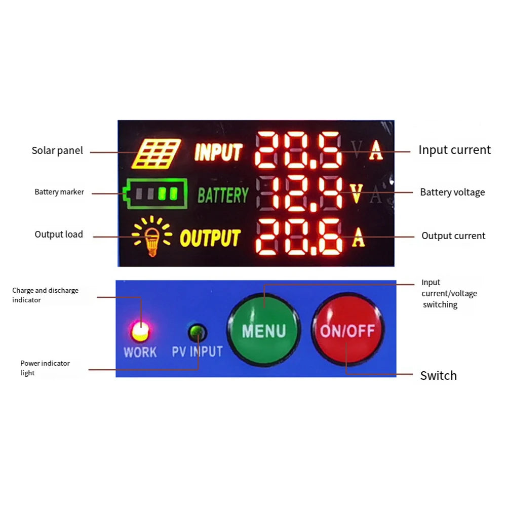 Solar Charge Controller with LCD Display 20A Compatible with Acid and Lithium Batteries for Efficient Charging