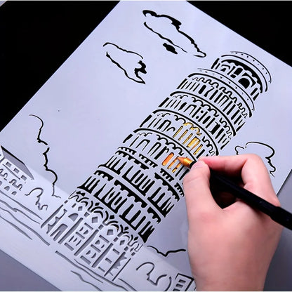A4 DIY Painting Wall Stencil Airbrush   Drawing Copy Templates London Bridge Big Ben castle Burj Al Arab Five Towers White House