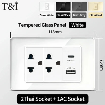 118x75mm Tempered Glass US Thai Socket Dual USB-C Ports 2 AC Outlets 110V Scratch-Resistant Panel