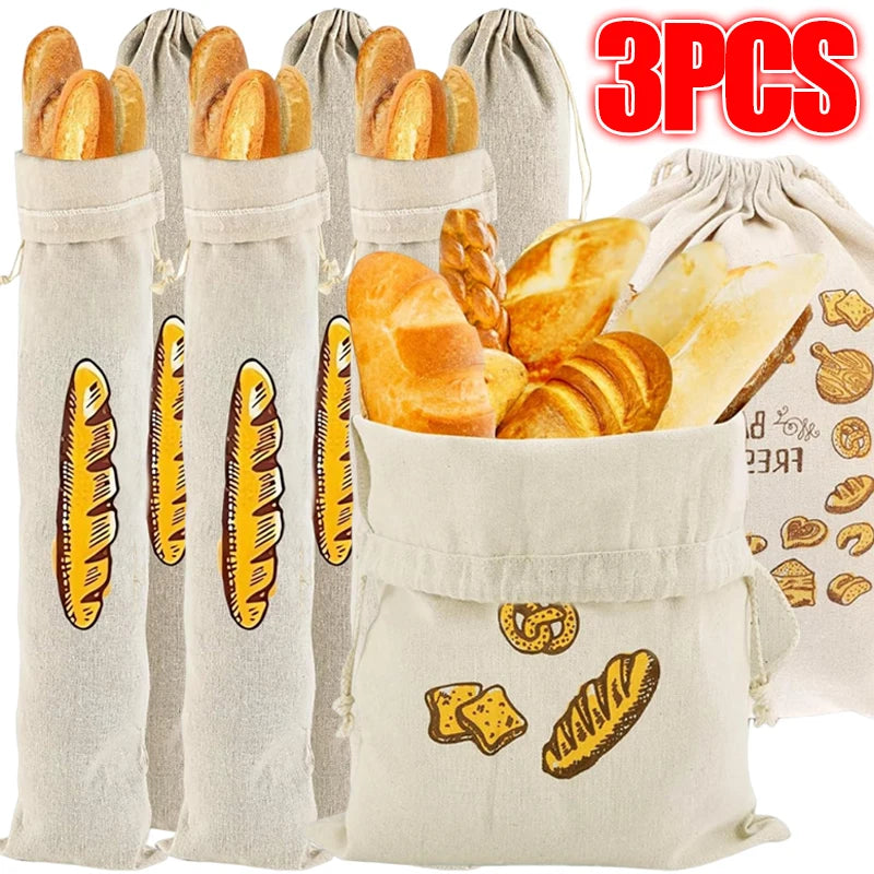 Linen Bread Bags Large Capacity Drawstring Loaf Storage Bags Washable Reusable 3/1Pcs for Pastries Baguette Organizer