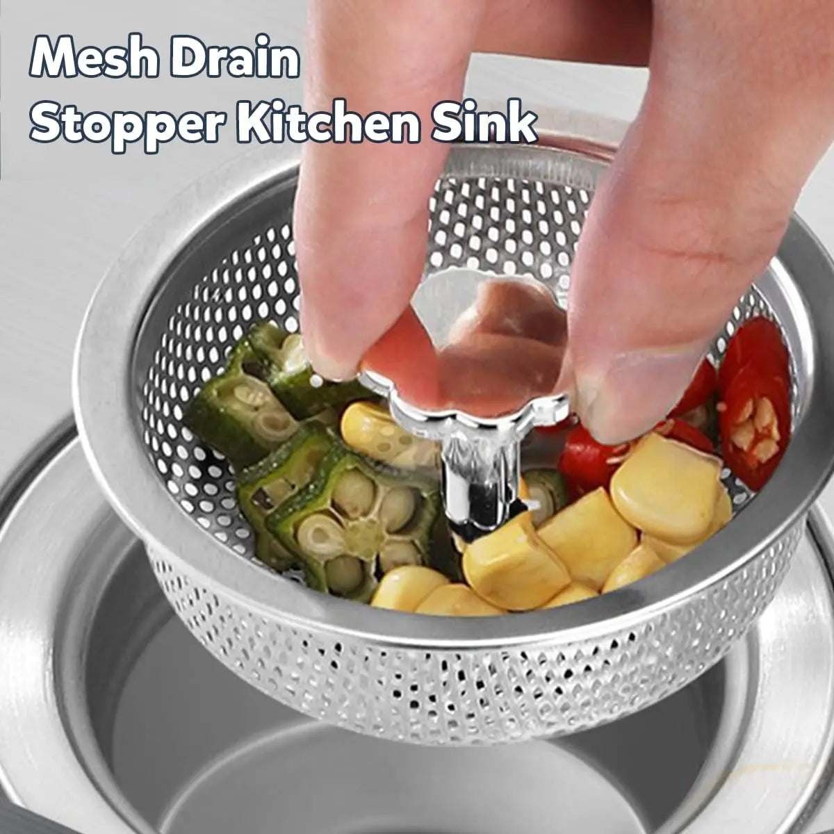Kitchen Sink Strainer with Handle & Stopper Replacement Sink Drain Basket Stainless Steel Mesh Filter Strainers Waste Hole Trap