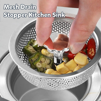 Kitchen Sink Strainer with Handle & Stopper Replacement Sink Drain Basket Stainless Steel Mesh Filter Strainers Waste Hole Trap