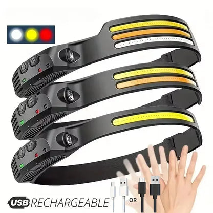 COB LED Headlamp 6000K 350 Lumens | 5 Modes, Motion Sensor, IPX4, 1200mAh Rechargeable | Climbing Running Cycling