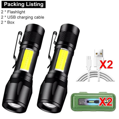COB+XPE Mini LED Pocket Flashlight with Pen Clip Portable USB Rechargeable Torch Outdoor Zoomable Light Tactical Lantern Lamp