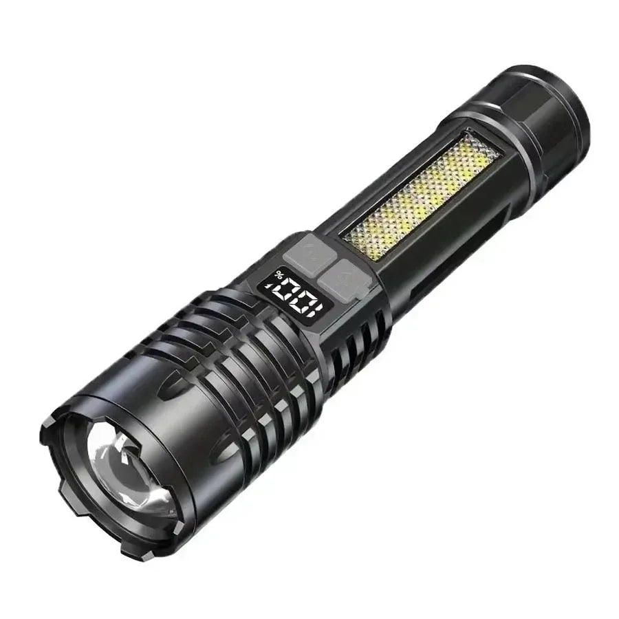 Rechargeable LED Tactical Flashlight with Digital Display Zoom & COB Emergency Side Lights | 5 Modes Type-C Charging