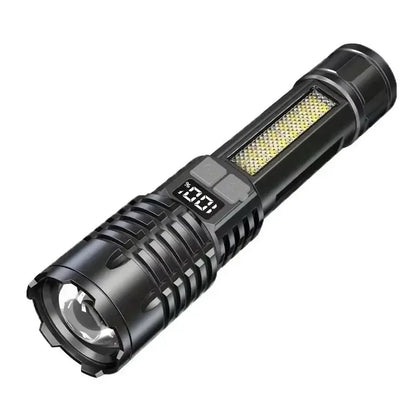 Rechargeable LED Tactical Flashlight with Digital Display Zoom & COB Emergency Side Lights | 5 Modes Type-C Charging